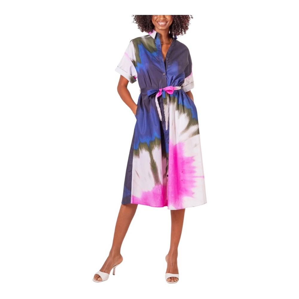 Tucker nyc Sarah Multicolor Tie-Dye Midi Shirt Dress Size XXS Button-up w/ Belt
